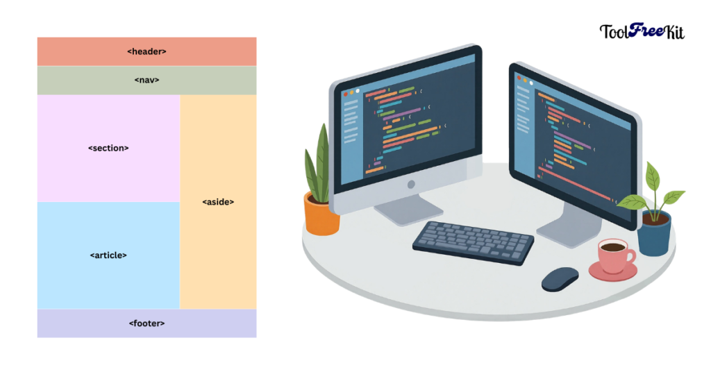 Diagram illustrating the hierarchy of HTML5 semantic elements like Header, Nav, Main, and Footer within a webpage layout.