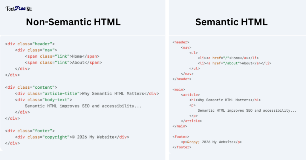 Side-by-side comparison of clean semantic HTML code using tags versus messy non-semantic code using nested div elements.