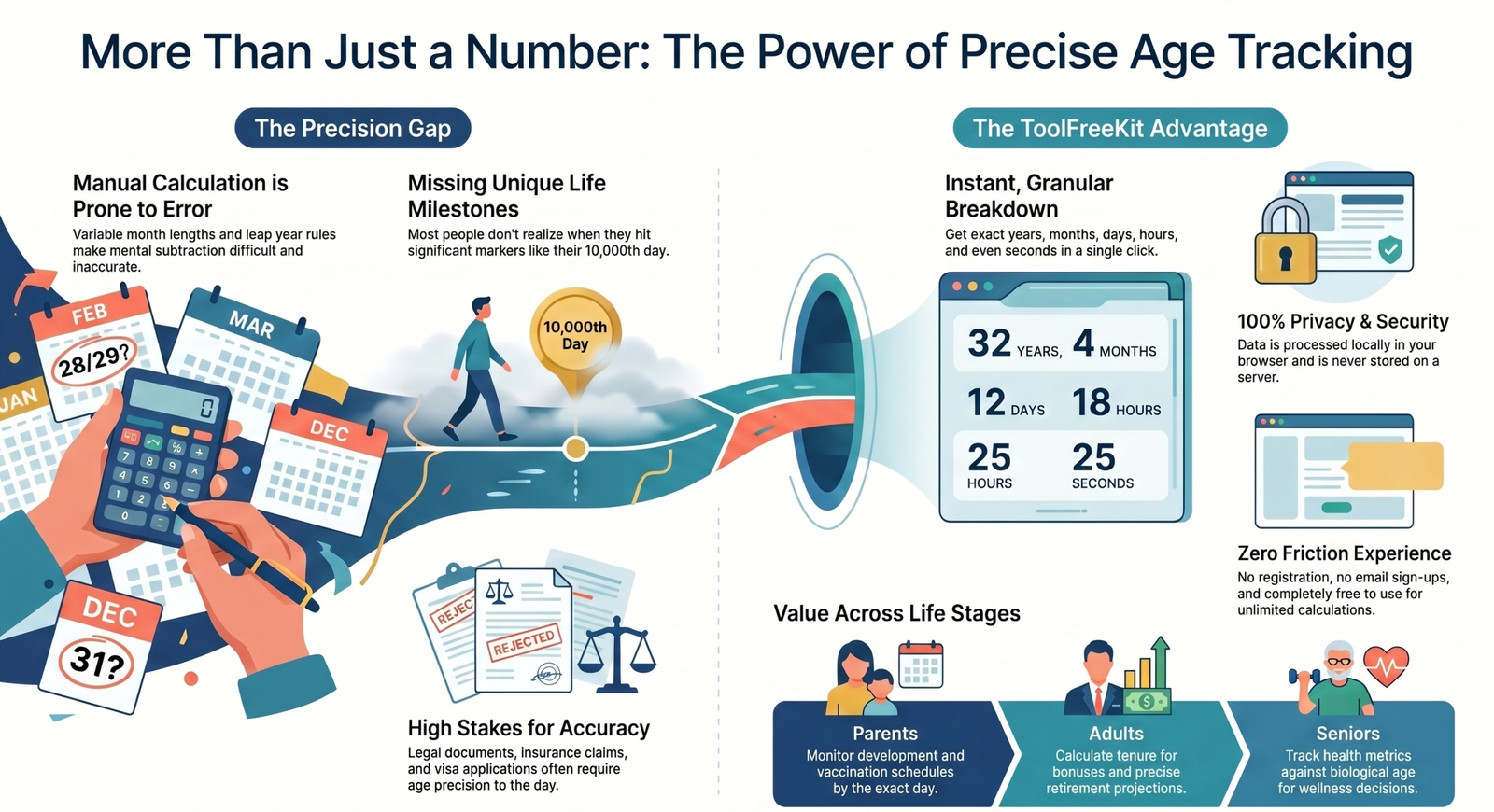 Infographic titled "More Than Just a Number: The Power of Precise Age Tracking" comparing manual age calculation challenges (leap years, calculation errors, rejected forms) with the ToolFreeKit online calculator advantages, showcasing its browser-based privacy, granular breakdowns, and benefits across life stages for parents, adults, and seniors.