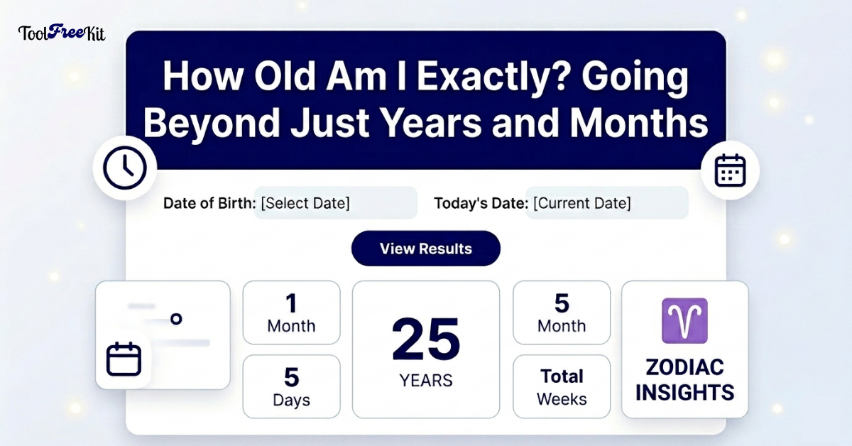 An infographic thumbnail for an online age calculator featuring a deep blue header with the title "How Old Am I Exactly? Going Beyond Just Years and Months". The clean, modern white card interface displays date of birth input fields and a structured breakdown of age results, including cards for years, months, days, total weeks, and Zodiac Insights.