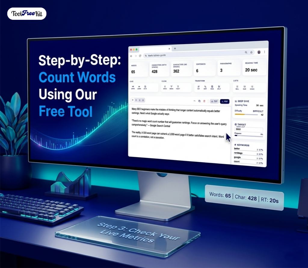 A promotional banner showcasing the ToolFreeKit word counter interface on a modern desktop monitor. The graphic illustrates how to count words using our free digital tools, displaying live metrics for character count, reading time, and keyword analytics for seamless SEO content optimization.
