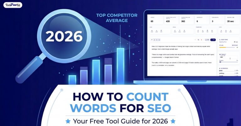 Banner graphic for ToolFreeKit's 2026 guide on how to count words for SEO. The illustration highlights competitive data analysis alongside a ToolFreeKit's word counter tool interface that tracks word count, character count, readability, and keyword density for search engine optimization.