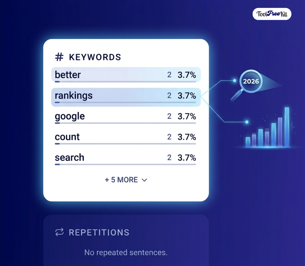 A close-up of the ToolFreeKit word counter tool keyword density counter interface, demonstrating how the word counter tool tracks SEO keyword frequencies and percentages like "rankings" and "google" alongside competitive data visualizations for 2026.