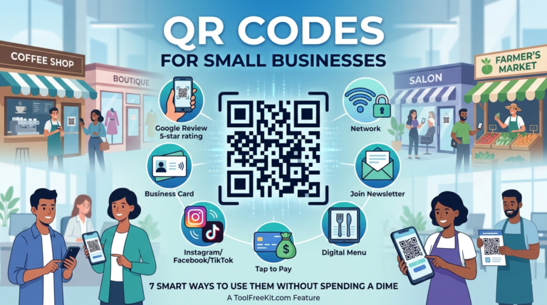 An educational infographic titled "QR Codes for Small Businesses: 7 Smart Ways to Use Them Without Spending a Dime," featuring a large central QR code surrounded by small business icons. The graphic illustrates local business settings like a coffee shop, boutique, salon, and farmer's market. Circular icons showcase seven use cases: Google Review 5-star rating, Wi-Fi Network, Join Newsletter, Digital Menu, Tap to Pay, Instagram/Facebook/TikTok social media links, and a digital Business Card. Illustrated diverse business owners and customers use smartphones to scan codes.