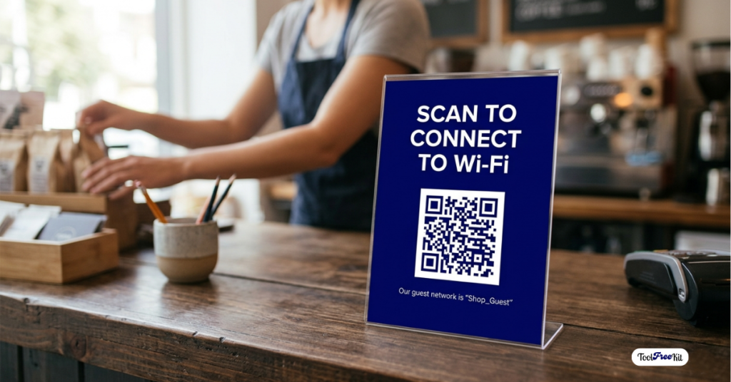 A professional mockup image showing a clear acrylic table tent sign with a primary color of deep royal blue (#03045e) sitting on a coffee shop counter. The sign features a large, prominent QR code and white text that reads 'SCAN TO CONNECT TO Wi-Fi'. This visual demonstrates how small businesses can easily display scannable codes at checkout counters or on tables to streamline the guest experience, like offering instant network access or direct links to leave a review.