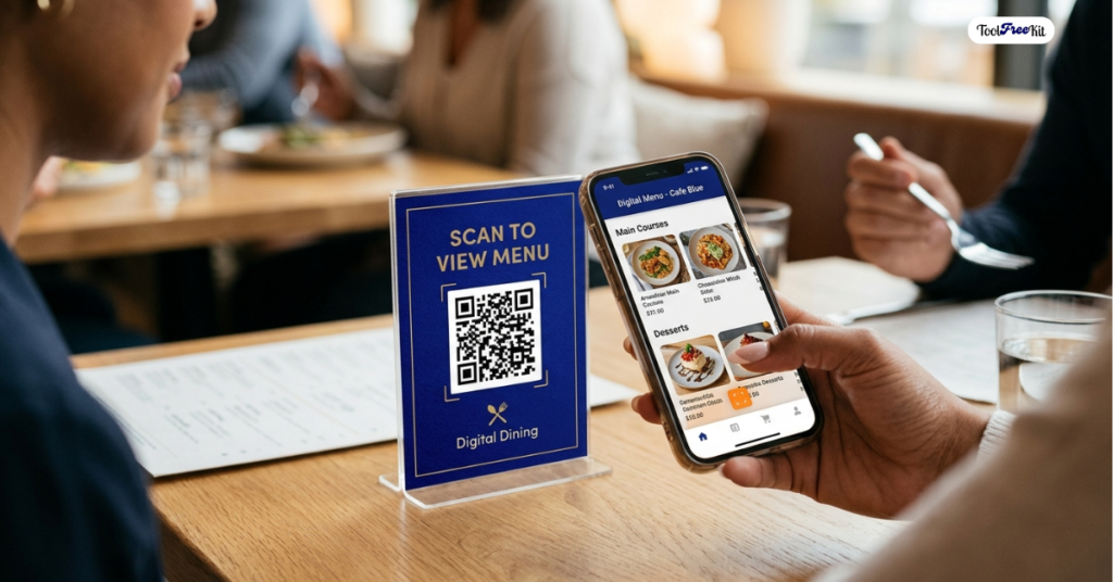 A close-up photograph of a customer in a modern restaurant setting using their smartphone to scan a QR code on a clear acrylic vertical stand placed on a wooden table. The phone screen clearly displays a mobile-optimized digital menu interface, titled with a logo and categories, demonstrating how easily customers can view options and place an order, while a waiter serves food in the slightly blurred background. The stand features a card in a primary #03045e deep blue color with white text "SCAN TO VIEW MENU