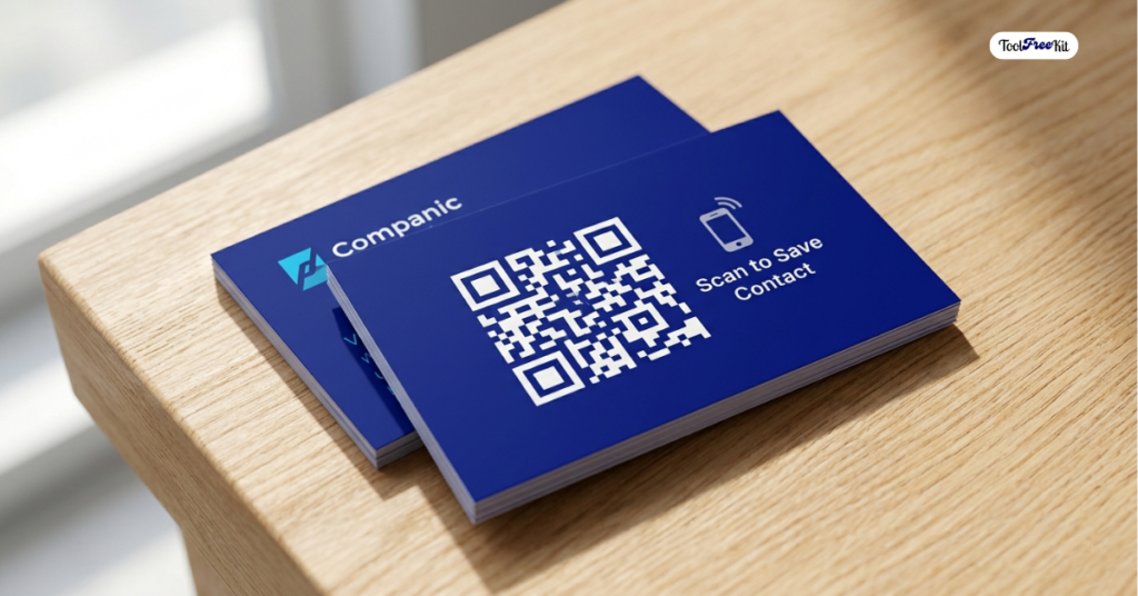 A close-up photograph of a modern business card mockup resting on a light wood surface. The back of the card is prominent, featuring a clean, deep blue background (#03045e) with a centered, white QR code. Text to the right reads 'Scan to Save Contact' next to a small smartphone icon. Soft daylight from the left illuminates the matte premium-stock paper, and another card is slightly offset underneath.
