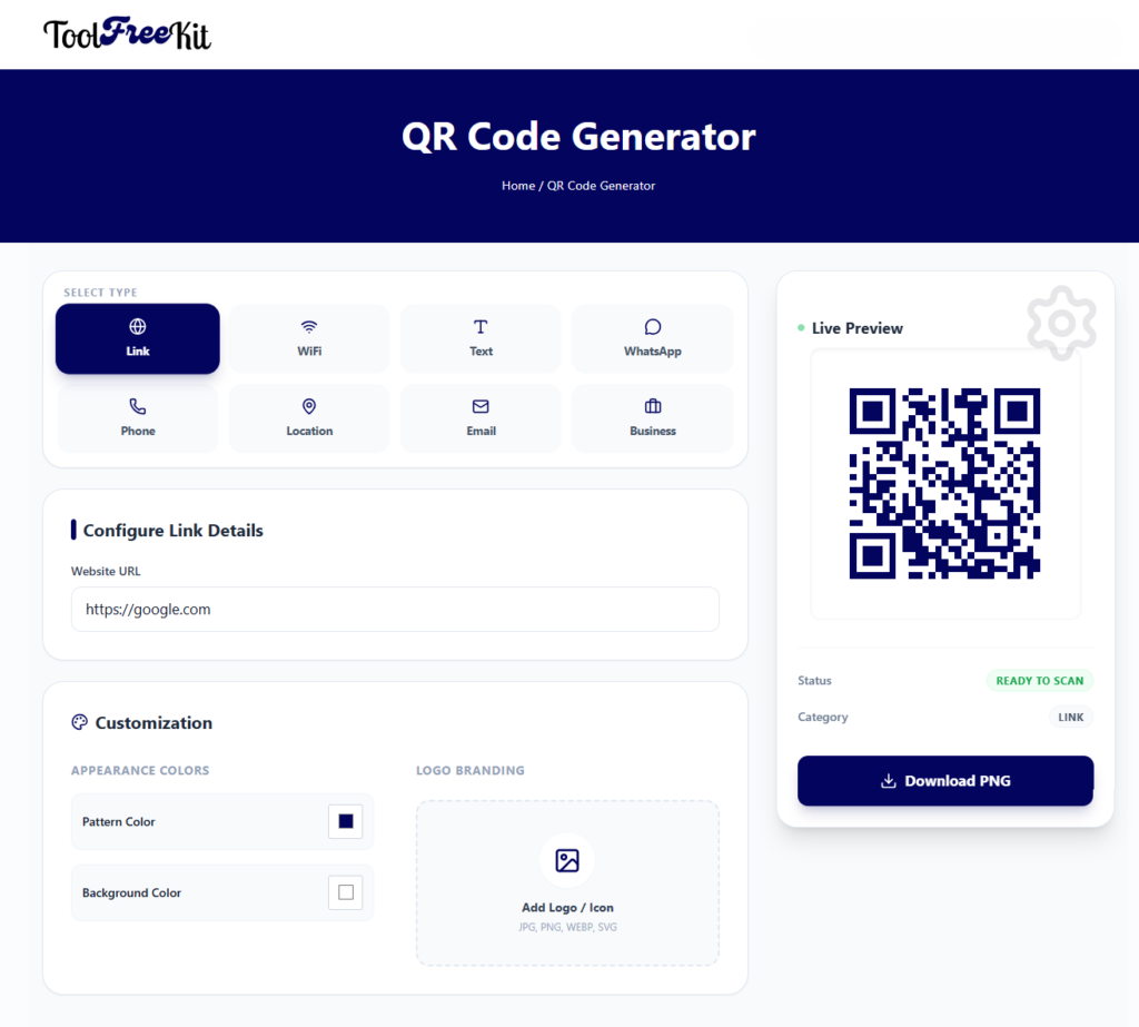 toolfreekit ,free QR Code Generator tool interface