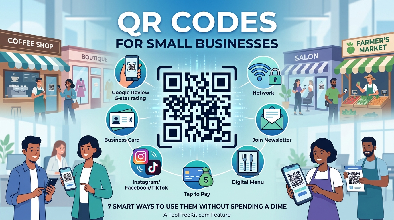 An educational infographic titled "QR Codes for Small Businesses: 7 Smart Ways to Use Them Without Spending a Dime," featuring a large central QR code surrounded by small business icons. The graphic illustrates local business settings like a coffee shop, boutique, salon, and farmer's market. Circular icons showcase seven use cases: Google Review 5-star rating, Wi-Fi Network, Join Newsletter, Digital Menu, Tap to Pay, Instagram/Facebook/TikTok social media links, and a digital Business Card. Illustrated diverse business owners and customers use smartphones to scan codes.