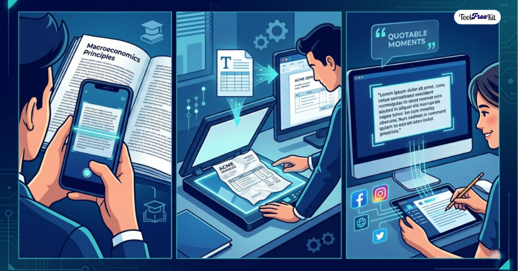 A three-panel illustration on toolfreekit.com showcasing practical OCR use cases. The panels depict a student scanning a textbook with a smartphone, a professional using a flatbed scanner to digitize business invoices, and a content creator extracting quote text onto a tablet for social media.