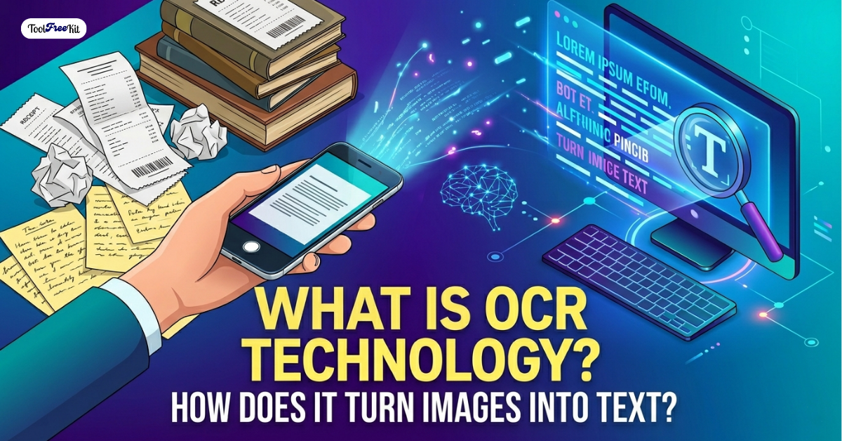 An isometric illustration representing OCR technology on a Free Digital Tools website, showing a smartphone scanning physical documents and receipts to convert them into editable digital text on a computer screen.