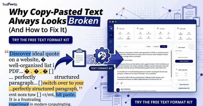 Banner graphic for ToolFreeKit explaining how to fix broken, copy-pasted text using the free Text Format Kit. The image illustrates a side-by-side workflow of cleaning up formatting glitches, random symbols, and layout errors into a clean, web-ready interface.