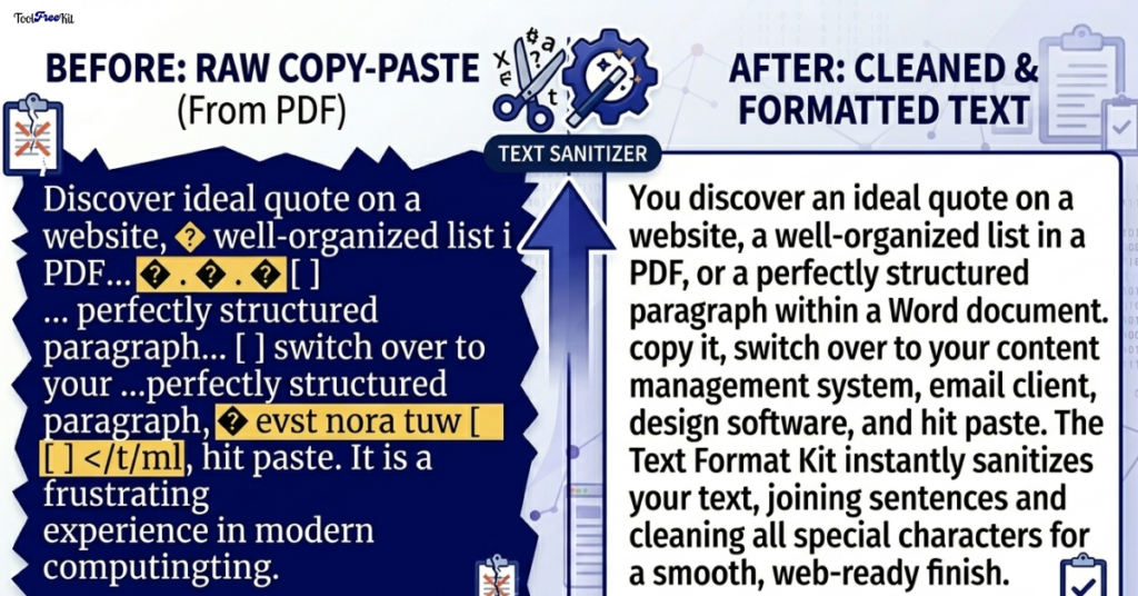 Graphic illustration showing the before-and-after transformation of messy PDF text using the Text Format Kit text sanitizer on toolfreekit.com, turning broken code and symbols into clean, formatted paragraphs.