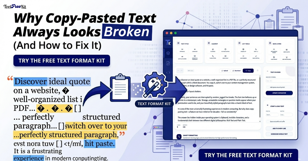 Banner graphic for ToolFreeKit explaining how to fix broken, copy-pasted text using the free Text Format Kit. The image illustrates a side-by-side workflow of cleaning up formatting glitches, random symbols, and layout errors into a clean, web-ready interface.